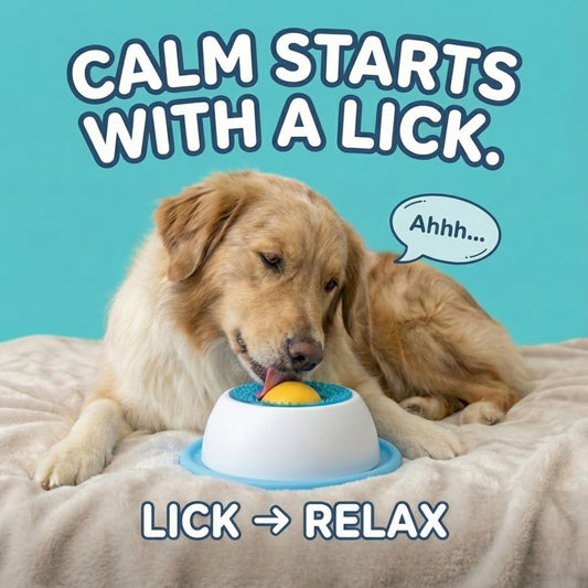 Dog licking a ball in a bowl with text 'Calm Starts with a Lick' on a blue background